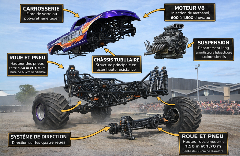Monster Truck technique, anatomie Monster Truck, moteur Monster Truck, pneus Monster Truck, suspensions Monster Truck