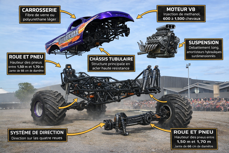 Monster Truck technique, anatomie Monster Truck, moteur Monster Truck, pneus Monster Truck, suspensions Monster Truck