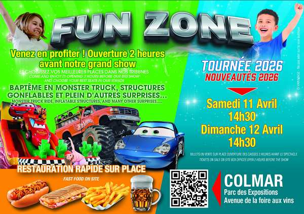 fun zone danglade show, animation avant spectacle monster truck, activités avant show cascades, fun zone spectacle automobile, attractions famille monster truck