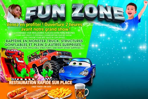 fun zone danglade show, animation avant spectacle monster truck, activités avant show cascades, fun zone spectacle automobile, attractions famille monster truck