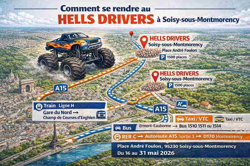 Hells Drivers accès Soisy-sous-Montmorency, transports spectacle Monster Truck Paris, parking Place André Foulon, ligne H Champ de Courses Enghien, Danglade Show itinéraire